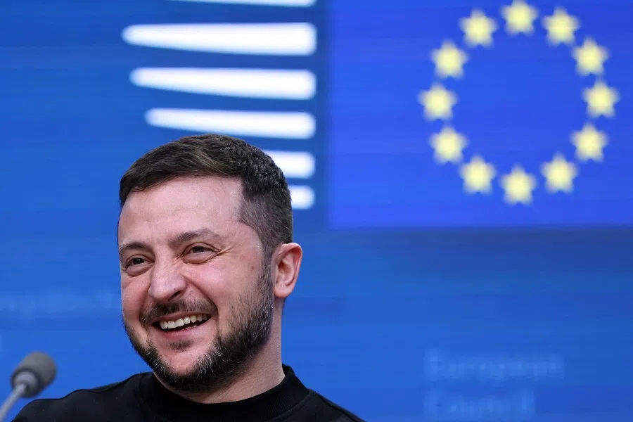 Ukrainian President Volodymyr Zelenskyy gives a press conference following a roundtable meeting as part of a EU summit in Brussels, Belgium, on 9 February 2023. (Kenzo Tribouillard/AFP)