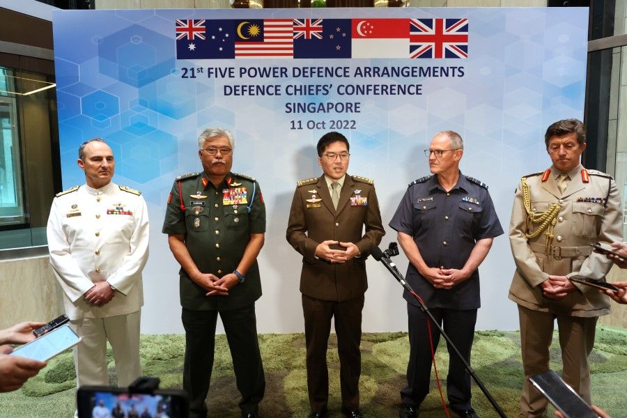 (Left to right) Australia's Vice Chief of the Defence Force Vice-Admiral David Johnston, Malaysia's Chief of Army General Tan Sri Zamrose Mohd Zain, Singapore's Chief of Defence Force (CDF) Lieutenant-General Melvyn Ong, New Zealand's CDF Air Marshal Kevin Short, The UK's Vice Chief of the Defence Staff General Gwyn Jenkins, at a doorstop interview during a Five Power Defence Chiefs Conference on 11 October 2022. (SPH Media)