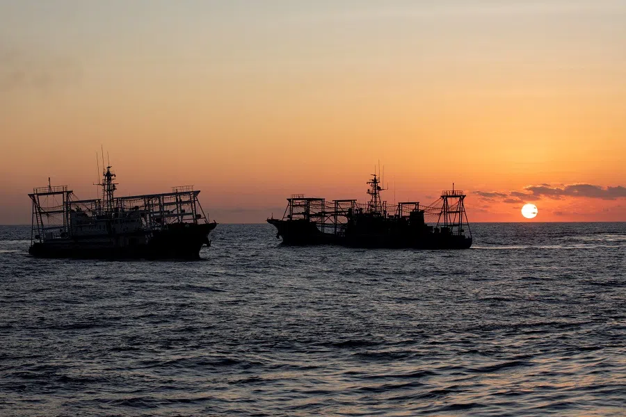 Chinese Maritime Militia vessels are pictured near the Second Thomas Shoal in the South China Sea, on 5 March 2024. (Adrian Portugal/Reuters)