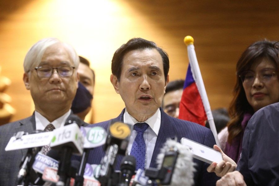 Former Taiwanese President Ma Ying-jeou speaks to the media at Taoyuan international airport after concluding his 12-day trip to China in Taoyuan, Taiwan, 7 April 2023. (I-Hwa Cheng/Reuters)