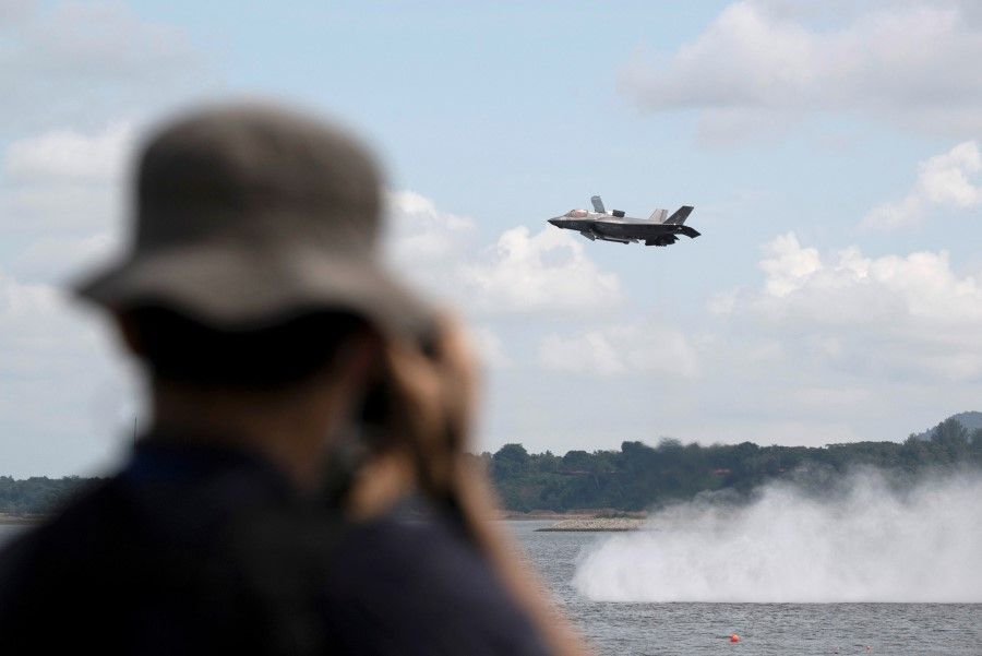 F-35B Stealth Fighter Jet of US Marine Fighter Attack Squadron 242 performs during the media preview of the Singapore Airshow in Singapore, 13 February 2022. (Caroline Chia/Reuters)