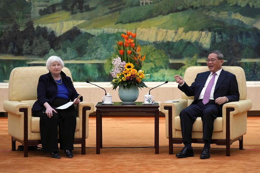 US Treasury Secretary Janet Yellen meets with Chinese Premier Li Qiang at the Great Hall of the People in Beijing on 7 April 2024. (Tatan Syuflana/AFP)