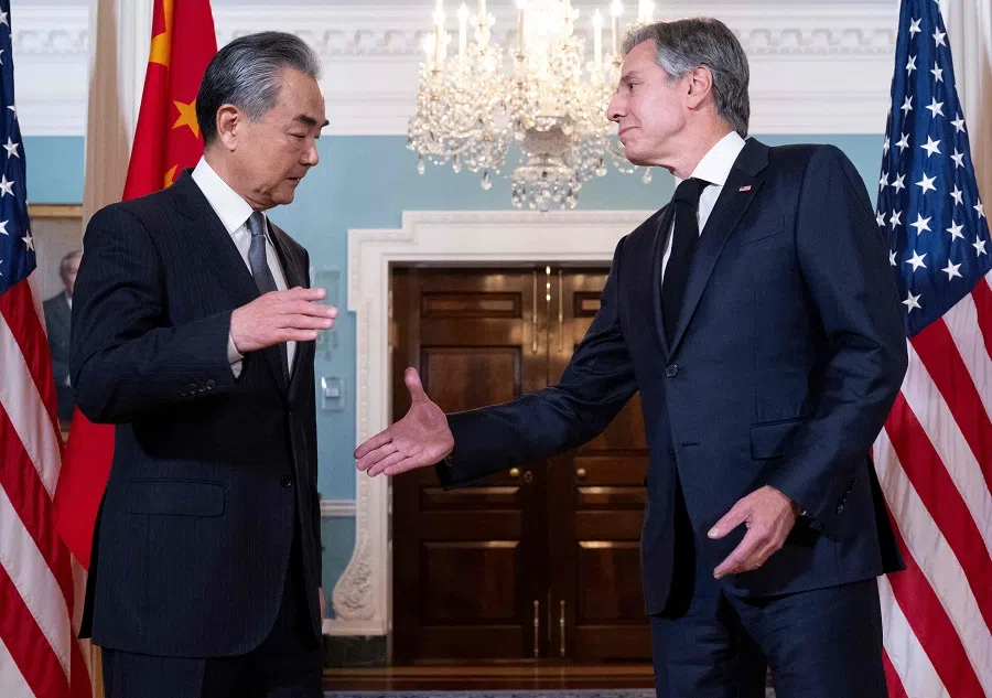 US Secretary of State Antony Blinken shakes hands with Chinese Foreign Minister Wang Yi prior to meetings at the State Department in Washington, DC, US, on 26 October 2023. (Saul Loeb/AFP)