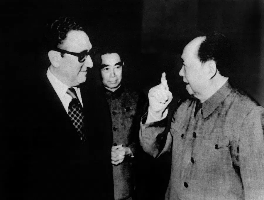 US President Nixon's special adviser, Henry Kissinger (left) meets with Chinese Chairman Mao Zedong (right) as Premier Zhou Enlai looks on, on 17 February 1973 in Beijing, China. (Xinhua/AFP)