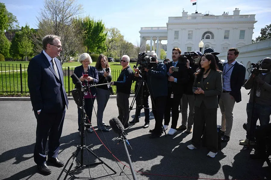 National Economic Council director Kevin Hassett speaks to reporters outside of the West Wing of the White House following a TV interview in Washington, DC, on 18 April 2025. (Mandel Ngan/AFP)