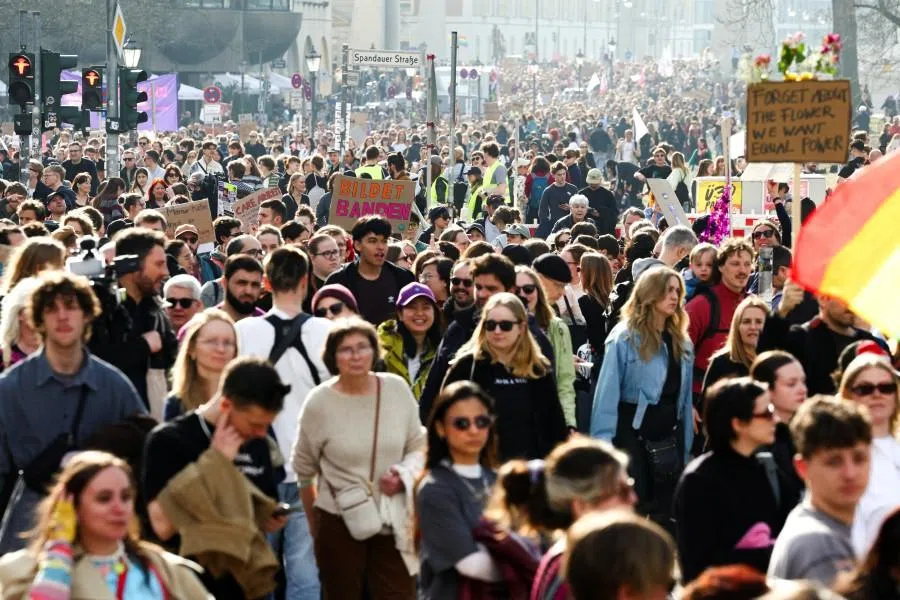 People attend a demonstration to mark International Women’s Day in Berlin, Germany, on 8 March 2026. (Christian Mang/Reuters)