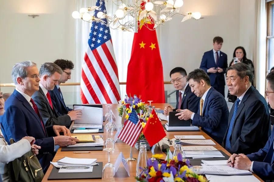 US Secretary of the Treasury Scott Bessent, US trade representative Jamieson Greer, China's international trade representative and Vice-Minister of Commerce Li Chenggang, and Chinese Vice-Premier He Lifeng, prepare to discuss on the day of a bilateral meeting between the US and China, in Geneva, Switzerland, 10 May 2025. (Keystone/EDA/Martial Trezzini/Handout via Reuters)