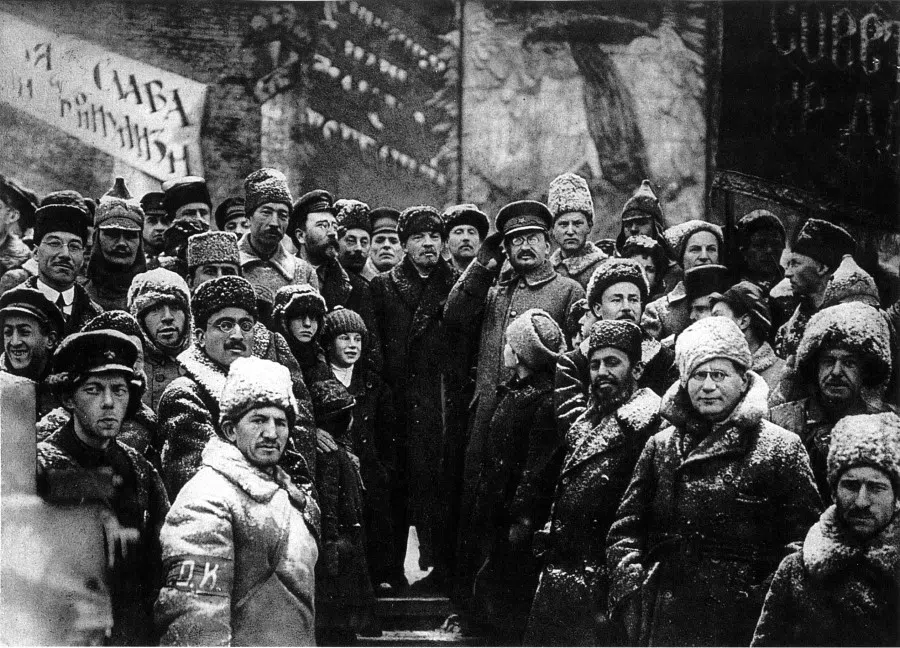 Lenin and Trotsky celebrating the second anniversary of the October Revolution, 1919. (Wikimedia)