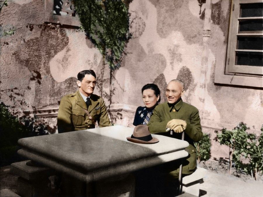 8 June 1942, Kunming - Marshal Chiang Kai-shek and Madame Chiang in conversation with Claire L. Chennault, commander of the Flying Tigers under the ROC Air Force. American writer Roby Eunson said this of Madame Chiang: "[She] used to learn only music, literature, and social virtues, started to spend a lot of time on aviation theory, aircraft design, and professional publications on aircraft components and quality standards. She led negotiations with foreign businessmen and procured products and components worth US$20 million. She changed hat from a purchaser to the commander-in-chief of the Chinese Air Force overnight. No other woman did it before." Madame Chiang is also known as the "mother of the Chinese air force".