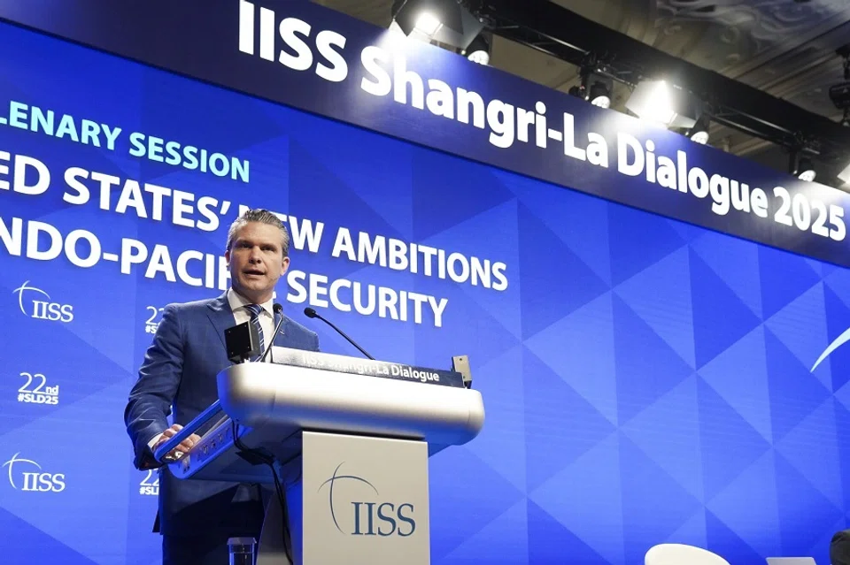 US Defence Secretary Pete Hegseth speaks during the IISS Shangri-La Dialogue in Singapore, on 31 May 2025. (Ore Huiying/Bloomberg)