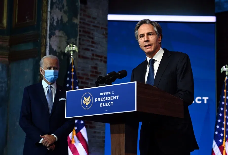 Nominated Secretary of State Antony Blinken (right) participates as US President-elect Joe Biden speaks during a cabinet announcement event in Wilmington, Delaware, on 24 November 2020. (Chandan Khanna/AFP)