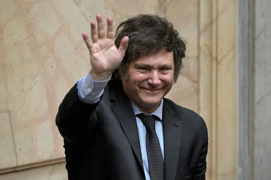 Argentina's President-elect Javier Milei waves during a session at the Argentine Congress in Buenos Aires on 29 November 2023, where he is officially declared the winners of the runoff election. (Juan Mabromata/AFP)