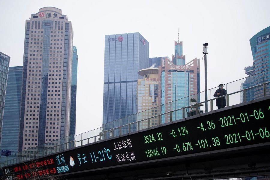 A man wearing a face mask stands on an overpass with an electronic board showing Shanghai and Shenzhen stock indexes, at the Lujiazui financial district in Shanghai, China, 6 January 2021. (Aly Song/Reuters)