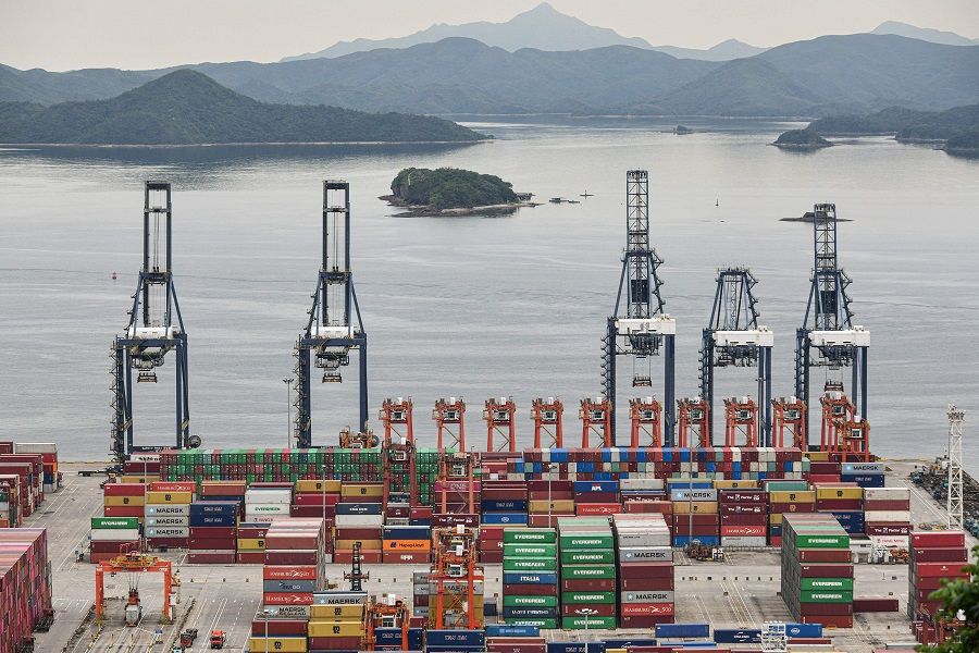 This file photo taken on 22 June 2021 shows cargo containers stacked at Yantian port in Shenzhen, Guangdong province, China. (STR/AFP)
