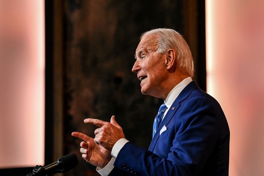 US President-elect Joe Biden delivers a Thanksgiving address at the Queen Theatre in Wilmington, Delaware, on 25 November 2020. (Chandan Khanna/AFP)