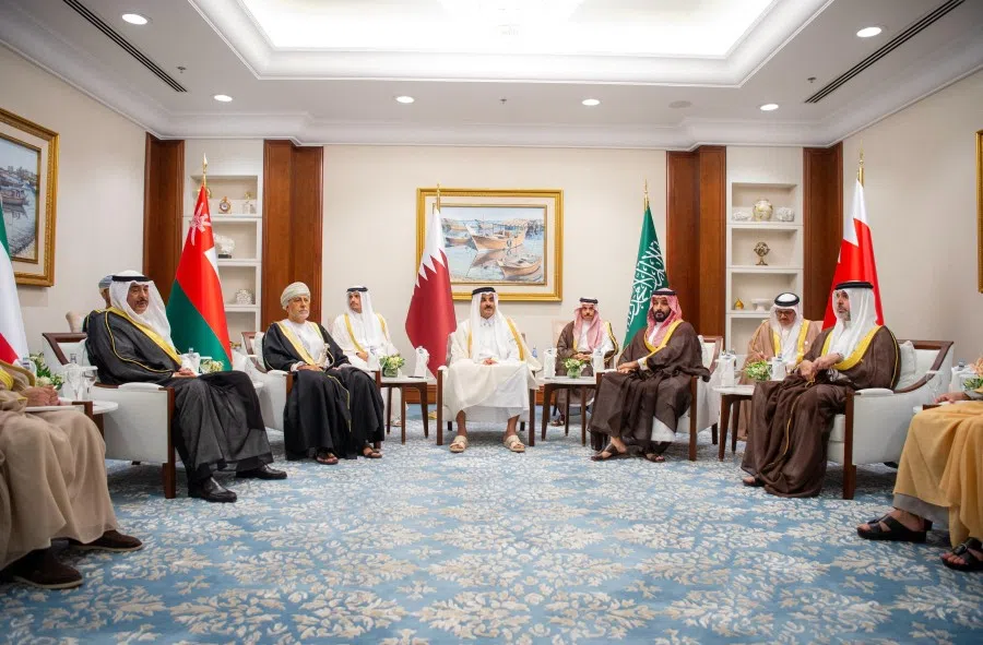 Saudi Crown Prince Mohammed bin Salman with Emir Of Qatar Sheikh Tamim bin Hamad Al Thani and GCC representatives meet ahead of an emergency Arab-Islamic leaders’ summit convened to discuss the 9 September Israeli attack on Hamas on Qatari territory, in Doha, Qatar, on 15 September 2025. (Saudi Press Agency/Handout via Reuters)