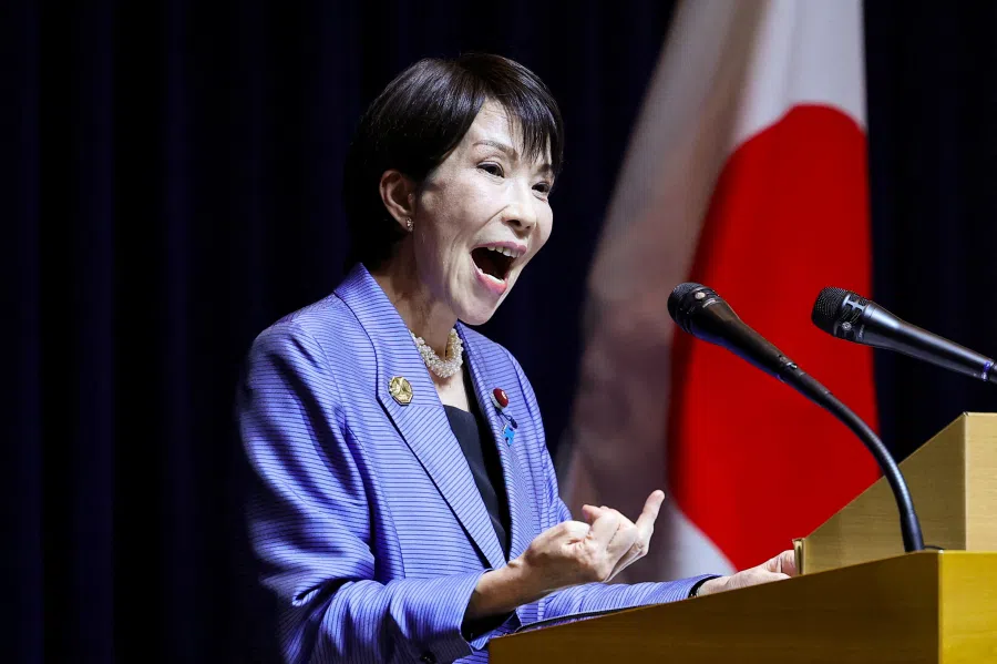 Japanese Prime Minister Sanae Takaichi speaks during a press conference after the Asia-Pacific Economic Cooperation (APEC) summit in Gyeongju, South Korea.