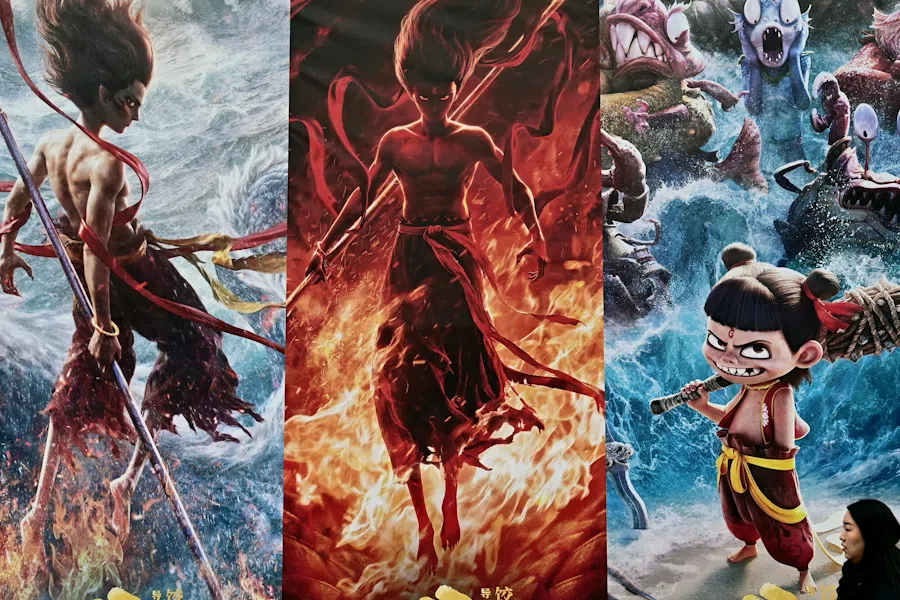 A promotion for the Chinese animated film Ne Zha 2, produced by Enlight Media, outside the production company’s headquarters in Beijing, China.