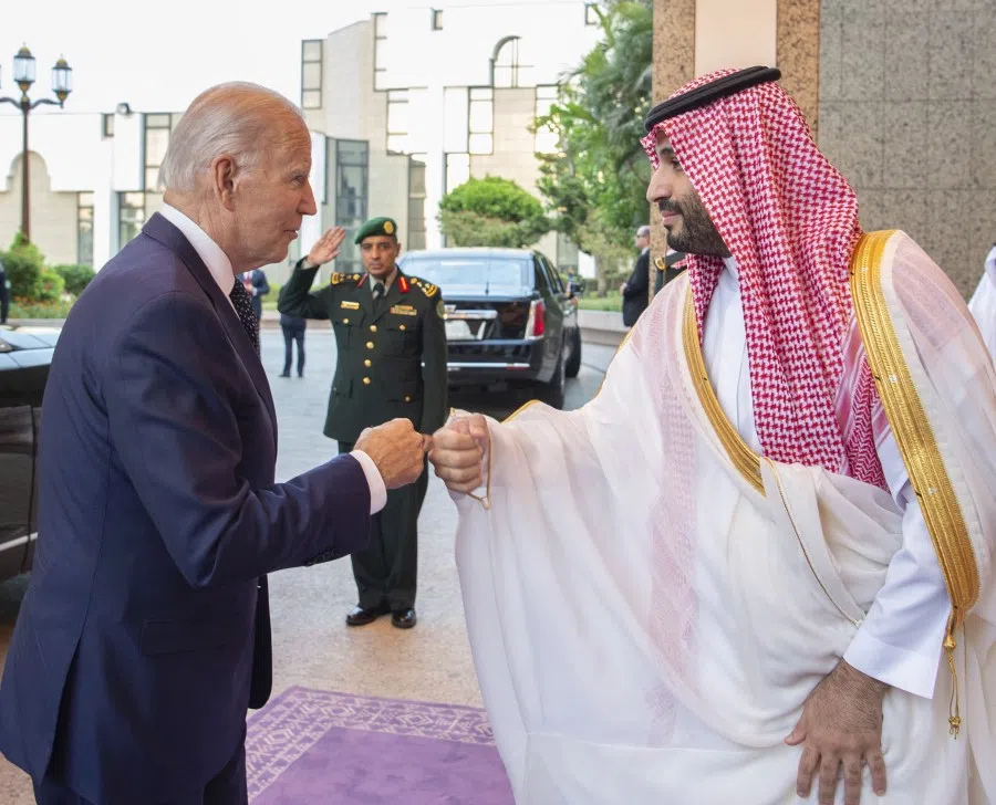 A handout photo made available by the Saudi Royal Court shows Prince Mohammed bin Salman bin Abdulaziz Al Saud (right), Crown Prince and Deputy Prime Minister of the Kingdom of Saudi Arabia meeting with US President Joe Biden (left) at Al-Salam Palace in Jeddah, Saudi Arabia, 15 July 2022. (Bandar Aljaloud/Handout)