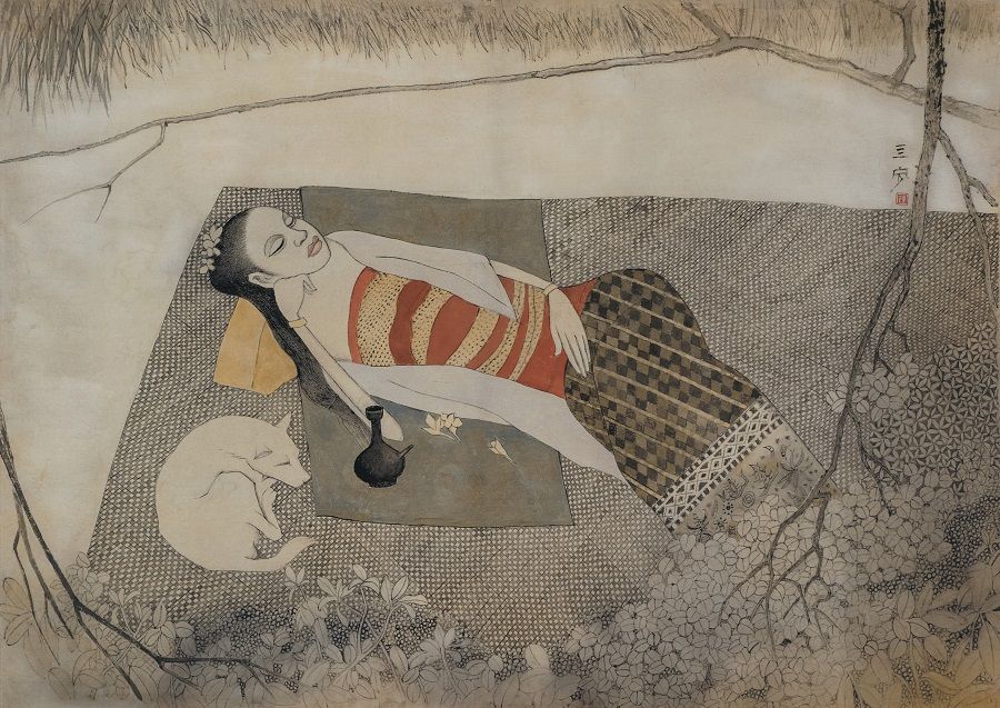 Cheong Soo Pieng, Resting, c. 1978-83, Chinese ink and colour on silk, 68 x 95 cm. Private Collection. (Artcommune Gallery)