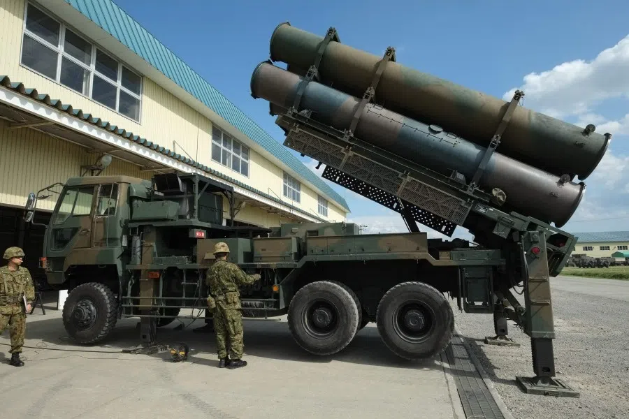 This file photo taken on 8 September 2017 shows a surface-to-ship missile (SSM-1) — a truck-mounted anti-ship missile system — at the Japan Ground Self-Defense Force (JGSDF) 1st Artillery Brigade at Camp Kita-Eniwa in Eniwa, Hokkaido prefecture. (Kazuhiro Nogi/AFP)