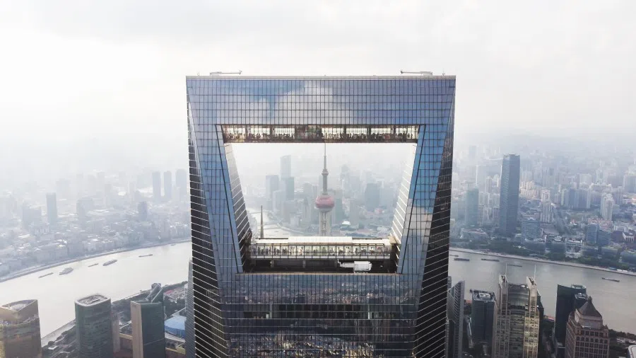 The Oriental Pearl Tower as seen through the Shanghai World Financial Center. (iStock)