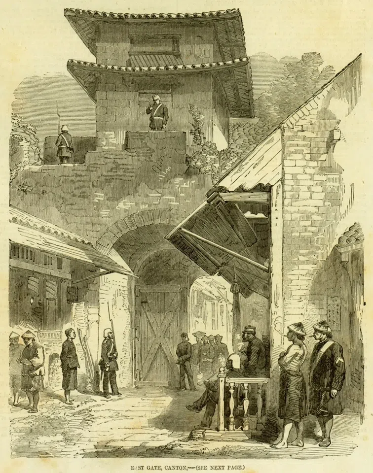A wood engraving published by Britain’s The Illustrated London News on 5 June 1858. Shortly after the outbreak of the Second Opium War, the newspaper’s special artist-correspondents began sending detailed illustrated reports from China, introducing European readers to the latest developments in the fighting. The images on this page include police officers of Guangzhou’s “provisional government”; Bengali soldiers, accompanied by both Britons and Chinese, standing guard at a landing site; and Chinese coolies recruited by the British Army gathering below the southern city wall.
