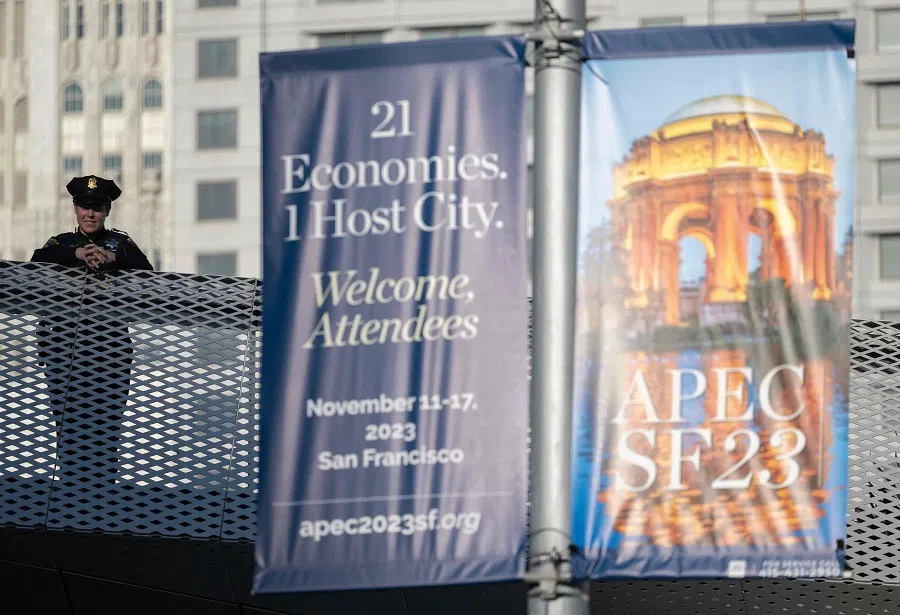 Police stand on a bridge at the Moscone Center West hosting the Asia-Pacific Economic Cooperation (APEC) leaders' week in San Francisco, California, US, on 13 November 2023. (Andrew Caballero-Reynolds/AFP)