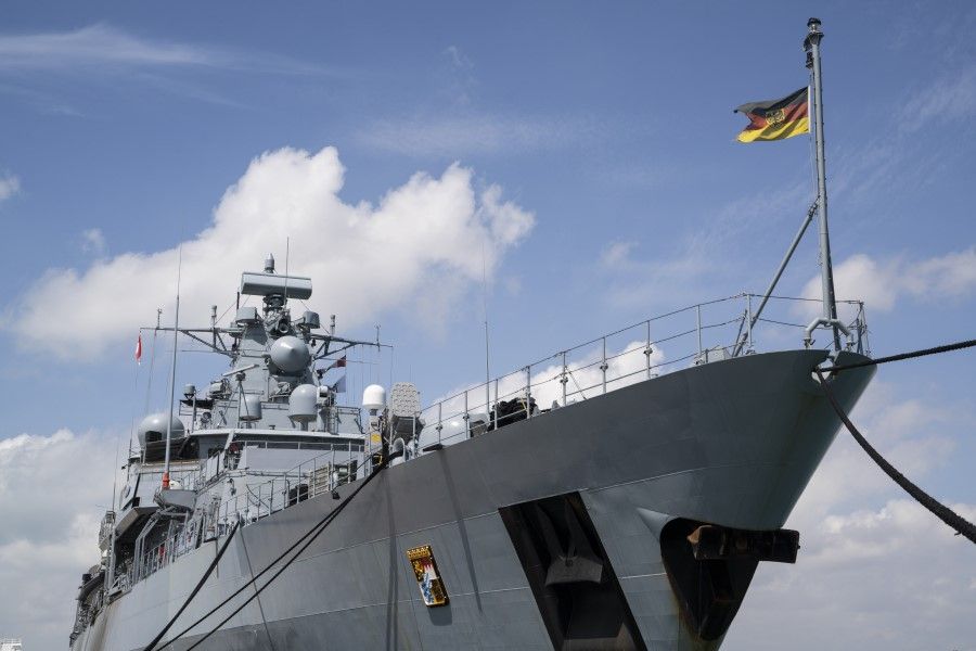 The German Navy Bayern frigate at Changi Naval Base in Singapore, on 21 December 2021. Bayern, as part of Germany's strategic Indo-Pacific presence, moves on to Vietnam after the New Year. (Ore Huiying/Bloomberg)