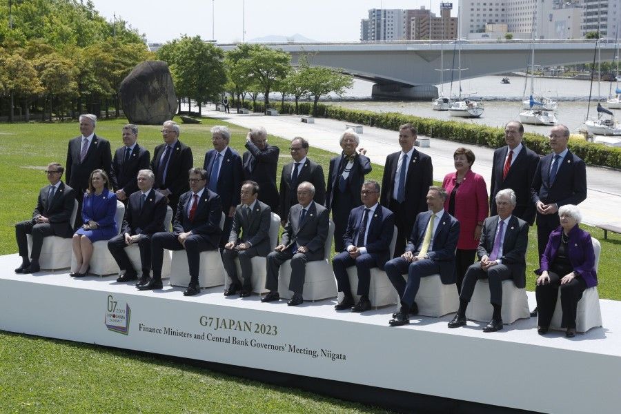 G7 finance ministers and central bank governors during a family photo session at the G7 finance ministers and central bank governors meeting in Niigata, Japan, on 12 May 2023. (Kiyoshi Ota/Bloomberg)