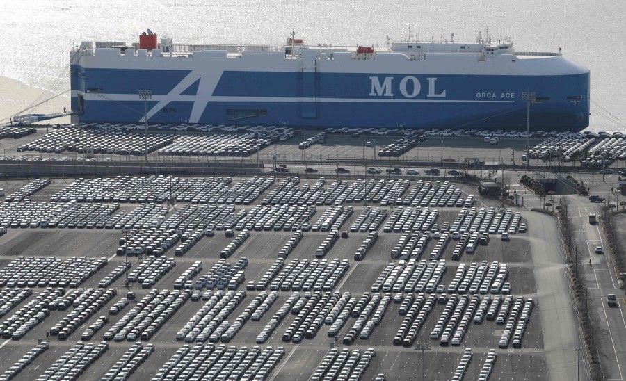 Hyundai Motor cars parked for shipping in the southeastern port of Ulsan, South Korea, February 2020. The factory was slowed down by a lack of parts with the coronavirus outbreak crippling China's industrial output. (YONHAP/AFP)