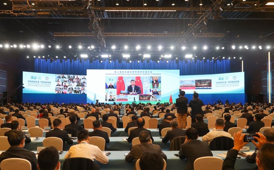 Chinese President Xi Jinping on screen, addressing a central conference on work related to people's congresses, 14 October 2021. (CNS)
