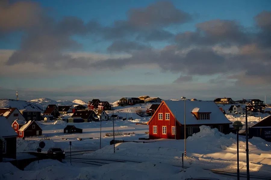 A general view shows Nuuk as the sun sets in Greenland on 4 February 2025.