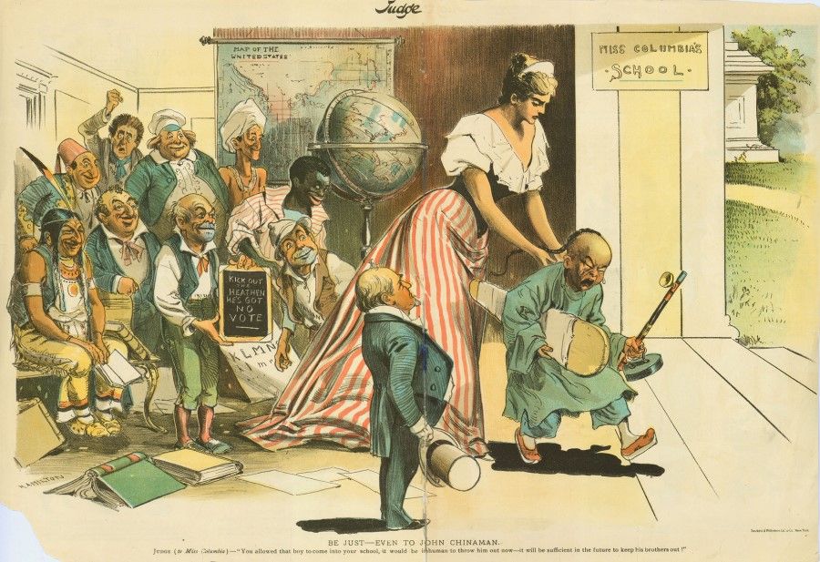 "Be Just - Even to John Chinaman", The Judge magazine, 1893. After the Chinese Exclusion Act was passed, the US's attitude towards the Chinese deteriorated, putting the Chinese at a political disadvantage at the time. To gain the recognition of the whites, the Chinese gave their children Anglo-Saxon names and participated enthusiastically in church activities and various donation drives, to remove their heathen image, while disassociating themselves from the blacks. One prominent local white person said: "Many Chinese friends come to me saying they have given a lot of money towards Civil War bonds, hoping their children can go to white public schools. I say to them, you may not have anything to do with the blacks now, but that is not good enough. You should also clean up your stores and your children, then we'll see!"