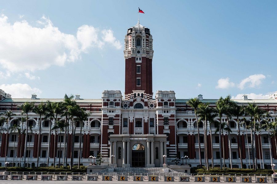 The Taiwanese flag waves on the tower of the Presidential Office Building, originally built in 1919 as the office of the Governor-General of Taiwan during the Japanese colonial period, in Taipei, Taiwan, on 14 January 2024. (Yasuyoshi Chiba/AFP)
