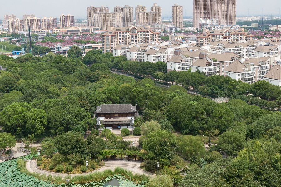 An aerial view of Huaxi Park in Suzhou, Jiangsu, China, depicting beautiful classical landscape features, 22 August 2020. (CNS)