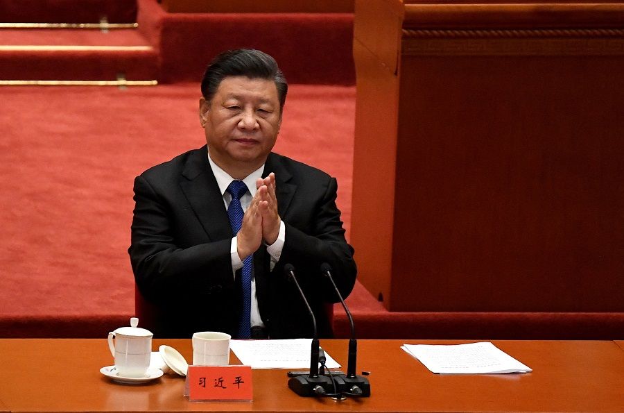 Chinese President Xi Jinping attends the commemoration of the 110th anniversary of the Xinhai Revolution which overthrew the Qing Dynasty and led to the founding of the Republic of China, at the Great Hall of the People in Beijing, China, on 9 October 2021. (Noel Celis/AFP)