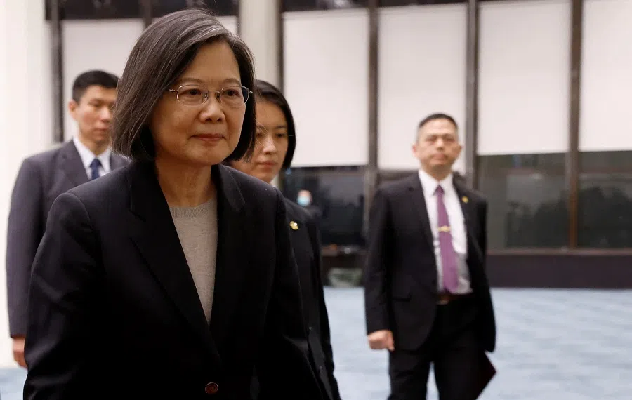 Taiwan President Tsai Ing-wen walks at Taoyuan International Airport upon returning from a trip to the US and Central America, in Taoyuan, Taiwan, 7 April 2023. (Carlos Garcia Rawlins/Reuters)