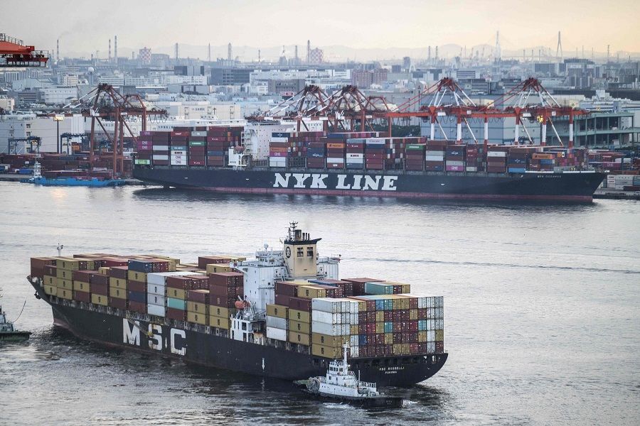 A container ship from MSC (bottom) leaves while another one from NYK Line is docked in the Port of Tokyo on 4 November 2021. (Charly Triballeau/AFP)