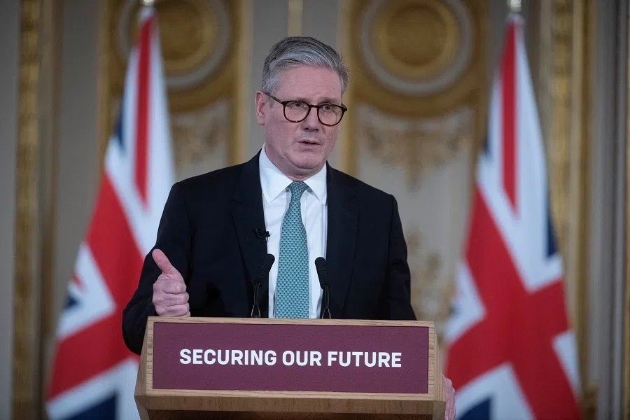 Britain’s Prime Minister Keir Starmer attends a press conference as he hosts European leaders’ summit at Lancaster House in central London, Britain, on 2 March 2025.