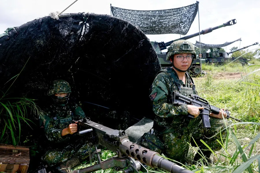 Soldiers take part in Taiwan’s annual Han Kuang military exercises in Tainan, Taiwan, on 14 July 2025. (Ann Wang/Reuters)