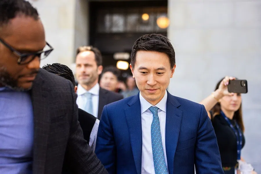 Chew Shou Zi (centre), chief executive officer of TikTok, departs following a meeting with senator John Fetterman (not pictured), a Democrat from Pennsylvania, in Washington, DC, US, on 14 March 2024. (Tierney L. Cross/Bloomberg)