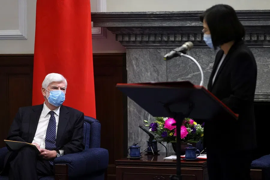 Taiwan President Tsai Ing-wen speaks at a meeting with former US senator Chris Dodd and the US delegation at the presidential office in Taipei, Taiwan, 15 April 2021. (Ann Wang/Pool/Reuters)