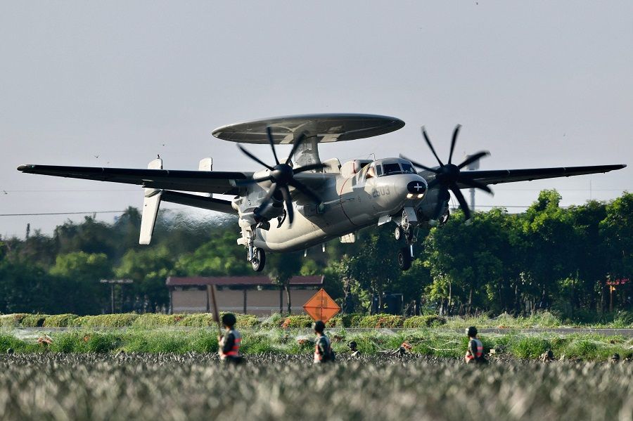 In this file photo taken on 15 September 2021, a US-made E2K early warning aircraft takes off from a motorway in Pingtung, Taiwan, during the annual Han Kuang drill. (Sam Yeh/AFP)