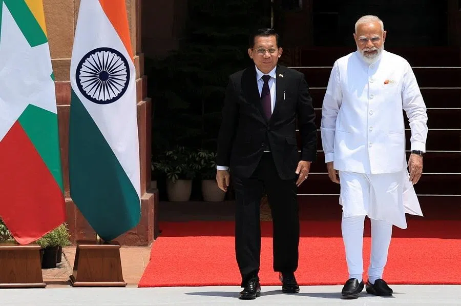 India's Prime Minister Narendra Modi welcomes Myanmar's President Min Aung Hlaing as he arrives for a meeting at the Hyderabad House in New Delhi, India, on 1 June 2026.
