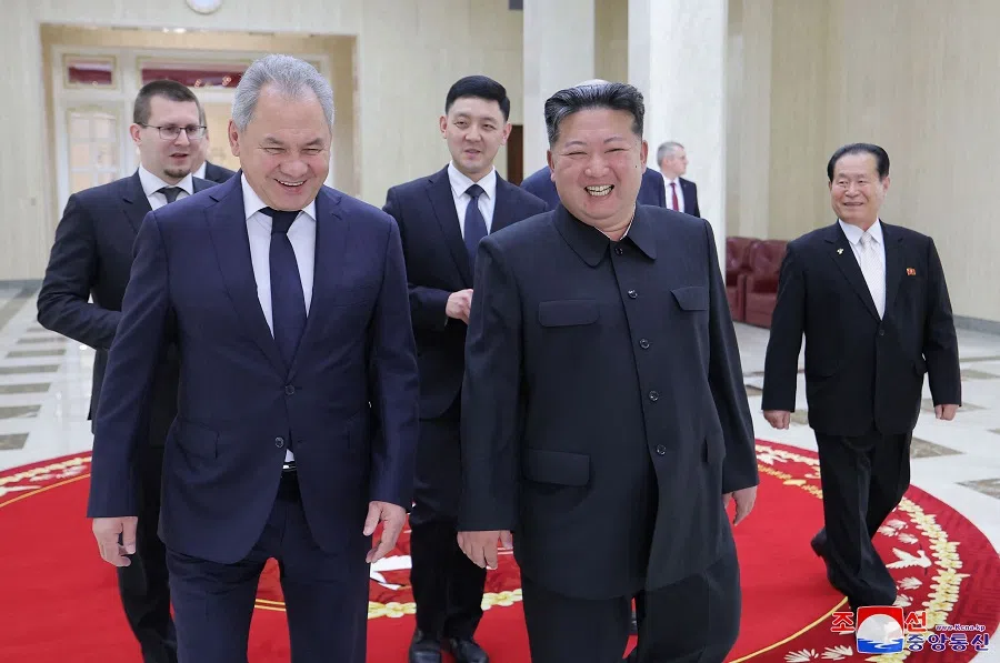 This picture taken on 21 March 2025 and released from North Korea’s official Korean Central News Agency (KCNA) via KNS on 22 March 2025 shows North Korean leader Kim Jong Un (second from right) meeting with Russia’s Security Council Secretary Sergei Shoigu (second from left) in Pyongyang. Moscow’s top security official Sergei Shoigu was visiting North Korea on 21 March, the latest in a recent series of high-level exchanges between North Korea and Russia.