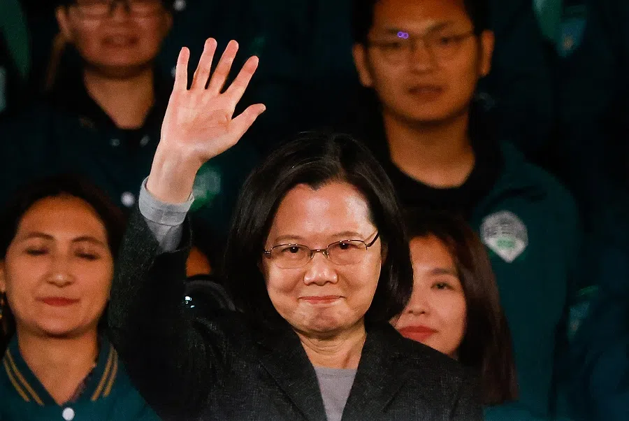 Taiwan's outgoing president Tsai Ing-wen waves during a rally, following the victory of Lai Ching-te in the presidential elections, in Taipei, Taiwan, on 13 January 2024. (Ann Wang/Reuters)