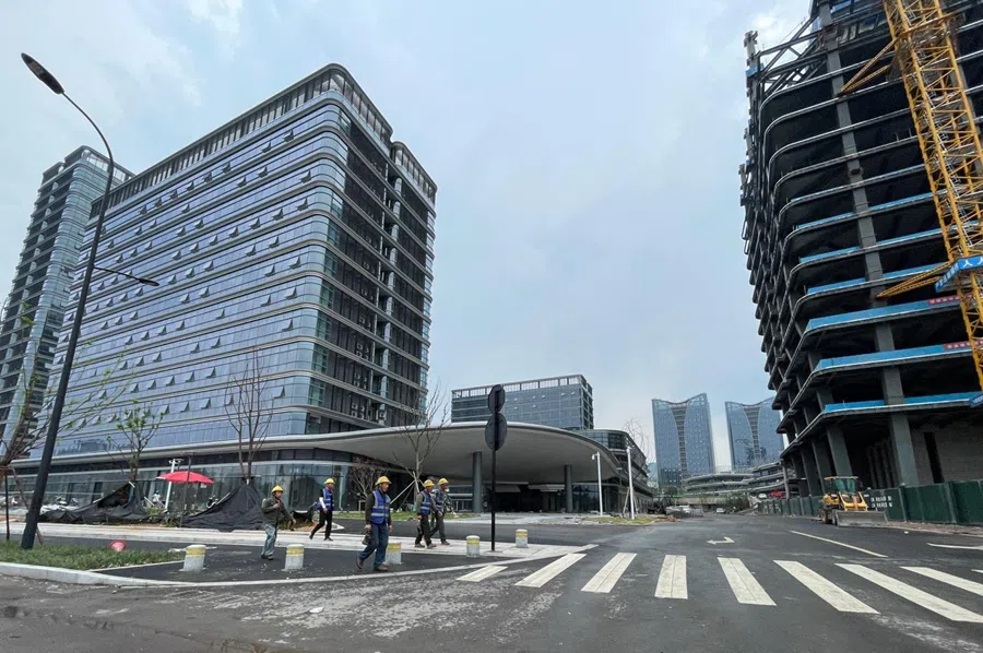 Yiwu’s almost completed new Global Digital Trade Center or District 6, on 4 August 2025. (Photo: Zhang Shuyue)