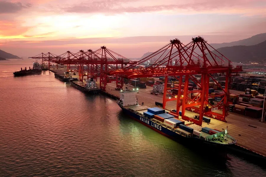 Container ships are seen at berth in the port in Lianyungang, Jiangsu province, China, on 16 September 2025. (AFP)