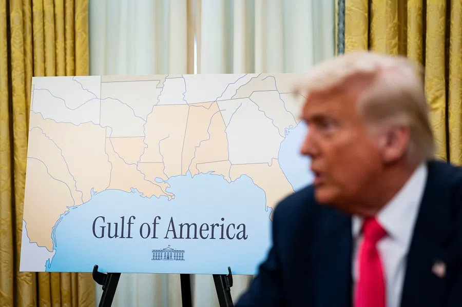 A “Gulf of America” poster behind US President Donald Trump during an executive order signing ceremony in the Oval Office of the White House in Washington DC, US, on 6 March 2025. (Al Drago/Bloomberg)
